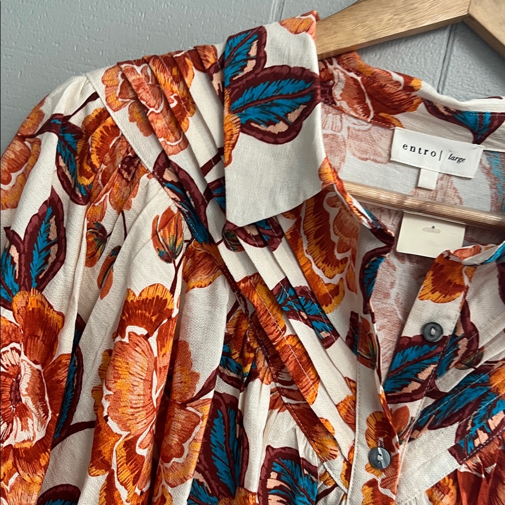 NWT Floral Entro Top Blouse Shirt Large Orange Blue - Picture 4 of 14